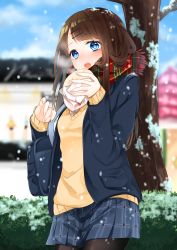 Rule 34 | 1girl, absurdres, bag, black pantyhose, blue eyes, blush, brown hair, day, duffel bag, eating, etto eat, hair ornament, hairclip, highres, long hair, long sleeves, looking at viewer, open mouth, original, outdoors, pantyhose, school uniform, signature, skirt, sleeves past wrists, snowing, solo