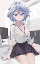 Rule 34 | 1girl, absurdres, ahoge, alternate costume, black skirt, blue eyes, blue hair, blue pupils, bralines, breasts, button gap, cleavage, closed mouth, collarbone, collared shirt, colored inner hair, cowboy shot, cowlick, desk, furina (genshin impact), genshin impact, grey hair, hair between eyes, highres, id card, indoors, lanyard, large breasts, light blue hair, looking at viewer, medium hair, miniskirt, mismatched pupils, multicolored hair, nimiru namire, office lady, on desk, pleated skirt, shirt, shirt tucked in, sitting, on desk, skirt, sleeves rolled up, smile, solo, streaked hair, tented shirt, two-tone hair, white shirt