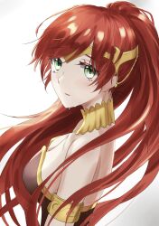 1girl absurdres armband bare_shoulders blush breasts circlet cleavage collarbone commentary crying earrings from_side green_eyes hair_ornament high_ponytail highres jewelry long_hair looking_at_viewer medium_breasts parted_lips ponytail pyrrha_nikos red_hair rwby sideboob sidelocks simple_background sleeveless solo strapless tl_(xdd) upper_body very_long_hair white_background