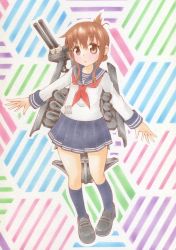 Rule 34 | 1girl, absurdres, anchor symbol, black footwear, black socks, black sailor collar, black skirt, brown eyes, brown hair, cannon, commentary request, folded ponytail, full body, furuta tomohiro, highres, inazuma (kancolle), kantai collection, kneehighs, loafers, long hair, looking at viewer, machinery, marker (medium), neckerchief, pleated skirt, red neckerchief, sailor collar, school uniform, serafuku, shoes, skirt, socks, solo, traditional media