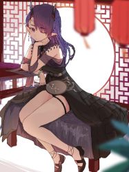Rule 34 | 1girl, absurdres, arknights, bare shoulders, black dress, black footwear, blurry, blurry foreground, braid, depth of field, dress, frilled dress, frills, hand fan, hand on own cheek, hand on own face, hand up, highres, holding, holding fan, horns, indoors, lantern, lava (arknights), lava the purgatory (arknights), lava the purgatory (dusk wisteria) (arknights), long hair, looking at viewer, multiple braids, official alternate costume, paper fan, paper lantern, purple eyes, purple hair, red (aba02), school uniform, shawl, sitting, sleeveless, sleeveless dress, solo, table, thigh strap, uchiwa