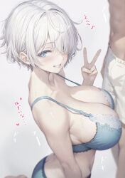 Rule 34 | 1boy, 1girl, armpit crease, bare shoulders, blue bra, blue eyes, blue panties, bra, breasts, cleavage, collarbone, commentary request, from side, grin, hair over one eye, hand up, kurono mitsuki, large breasts, looking at viewer, lower body, navel, original, panties, pants, short hair, simple background, smile, translation request, underwear, v, very short hair, white background, white hair, white pants