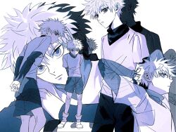 Rule 34 | 1boy, arms behind back, arms up, black shirt, blue eyes, closed mouth, commentary request, expressionless, full body, highres, hunter x hunter, killua zoldyck, layered sleeves, long sleeves, looking at viewer, male focus, multiple views, shenshan laolin, shirt, short hair, short over long sleeves, short sleeves, turtleneck, white hair, white shirt