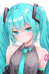 Rule 34 | 1girl, absurdres, amepon, aqua eyes, aqua hair, aqua necktie, bare shoulders, blush, commentary, detached sleeves, grey shirt, hair between eyes, hatsune miku, heart, heart-shaped pupils, highres, long hair, looking at viewer, necktie, number tattoo, shirt, shoulder tattoo, sidelocks, simple background, sleeveless, sleeveless shirt, solo, star (symbol), star in eye, symbol-shaped pupils, symbol in eye, tattoo, twintails, upper body, vocaloid, white background
