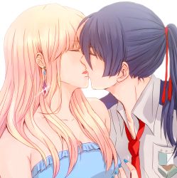 Rule 34 | 1boy, 1girl, bad id, bad pixiv id, bare shoulders, blonde hair, blue hair, blue nails, breasts, cleavage, couple, earrings, closed eyes, hamayoshi, hetero, imminent kiss, jewelry, kiss, lips, long hair, macross, macross frontier, nail polish, necktie, open mouth, ponytail, saotome alto, sheryl nome, single earring, sleeveless, strapless, tube top