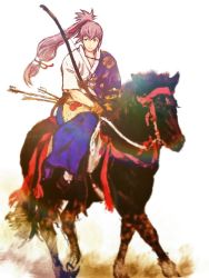 Rule 34 | arrow (projectile), bow (weapon), fire emblem, fire emblem fates, highres, holding, holding bow (weapon), holding weapon, horseback riding, japanese clothes, long hair, looking to the side, nintendo, pichimura, ponytail, riding, takumi (fire emblem), weapon, white hair