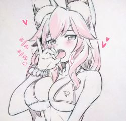 Rule 34 | 1girl, animal ears, bad id, bad twitter id, bead bracelet, beads, bikini, black eyes, bracelet, breasts, commentary request, fate/grand order, fate (series), fellatio gesture, fox ears, heart, highres, jewelry, large breasts, long hair, looking at viewer, open mouth, pink hair, solo, swimsuit, tamamo (fate), tamamo no mae (fate/extra), tamamo no mae (swimsuit lancer) (fate), tongue, tongue out, traditional media, tsukareta san, upper body