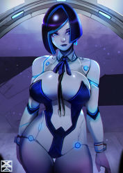 Rule 34 | 1girl, absurdres, android, asymmetrical hair, between breasts, black hair, blue eyes, blue hair, blue leotard, blue lips, blue ribbon, breasts, center opening, contrapposto, cowboy shot, curvy, demi (subverse), detached collar, expressionless, highres, joints, large breasts, leotard, looking at viewer, makeup, mascara, metal skin, multicolored hair, neck ribbon, revealing clothes, ribbon, robot joints, solo, standing, strapless, strapless leotard, subverse, thigh gap, two-tone hair, wrist cuffs, xuuikie ashe