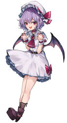 Rule 34 | 1girl, appleseed (appleseed art), ascot, bat wings, brooch, collared shirt, commentary, dress, embodiment of scarlet devil, fang, frilled shirt collar, frilled skirt, frilled sleeves, frills, hair between eyes, hands up, hat, hat ribbon, highres, jewelry, light purple hair, looking at viewer, mob cap, open mouth, puffy short sleeves, puffy sleeves, purple hair, red ascot, red eyes, red footwear, red ribbon, remilia scarlet, ribbon, shirt, short hair, short sleeves, simple background, skirt, skirt set, slit pupils, smile, solo, standing, touhou, vampire, white background, white hat, white shirt, white skirt, wings, wrist cuffs