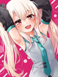 Rule 34 | 1girl, aqua necktie, armpits, arms up, black skirt, black sleeves, blue necktie, blush, breasts, cosplay, detached sleeves, fate/kaleid liner prisma illya, fate (series), female focus, grey shirt, hair between eyes, hair ornament, hatsune miku, hatsune miku (cosplay), highres, holding, holding hair, illyasviel von einzbern, long hair, looking at viewer, mochi (k620803n), necktie, open mouth, pink background, red eyes, shirt, sidelocks, skirt, sleeveless, sleeveless shirt, small breasts, smile, solo, twintails, vocaloid, white hair