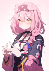Rule 34 | 1girl, absurdres, animal ears, arknights, beudelb, black choker, black hairband, braid, cat ears, choker, closed mouth, coat, commentary, goldenglow (arknights), hair over shoulder, hairband, highres, id card, lightning bolt print, long hair, long sleeves, looking at viewer, open clothes, open coat, own hands together, petals, pink coat, shirt, simple background, single braid, smile, solo, tears, upper body, white background, white shirt, wristband, yellow eyes