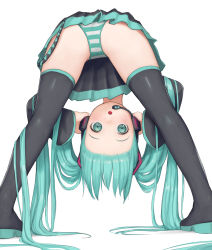 Rule 34 | 1girl, ass, bent over, black footwear, black skirt, black sleeves, black thighhighs, boots, eyebrows, forehead, from behind, full body, green eyes, green hair, hands on headphones, hatsune miku, headset, highres, kuroshiro00, legs, legs apart, long hair, looking back, looking through own legs, open mouth, panties, simple background, skirt, solo, striped clothes, striped panties, thigh boots, thighhighs, thighs, twintails, underwear, very long hair, vocaloid, white background