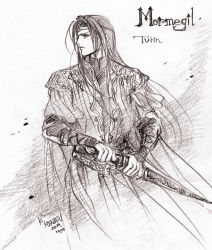 Rule 34 | 1boy, armor, bracer, character name, circlet, closed mouth, dated, greyscale, holding, holding sword, holding weapon, kazuki-mendou, tolkien&#039;s legendarium, long hair, male focus, monochrome, scabbard, sheath, signature, solo, standing, sword, the silmarillion, turin, unsheathing, weapon