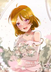 Rule 34 | 1girl, absurdres, artist name, artist request, bare shoulders, blush, bracelet, breasts, brown hair, collarbone, dress, earrings, elbow gloves, female focus, flower, gem, gloves, hair between eyes, hair ornament, highres, holding, holding flower, jewelry, koizumi hanayo, looking at viewer, love live!, love live! school idol project, miniskirt, parted lips, pearl (gemstone), pearl bracelet, pearl hair ornament, pink skirt, plaid, plaid dress, plaid skirt, pleated, pleated dress, pleated skirt, purple eyes, short hair, skirt, smile, solo, symbol-shaped pupils, white dress, white gloves, white skirt, x-shaped pupils