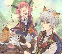 Rule 34 | 1boy, 1girl, ^ ^, animal ears, atelier (series), atelier escha &amp; logy, black gloves, black necktie, black tail, black vest, blush, braid, cake, cape, cat tail, chair, cherry, choker, closed eyes, collared shirt, cup, cupcake, dress, escha malier, fingerless gloves, food, fox ears, fruit, gloves, grey hair, hair between eyes, hair ribbon, hands up, hani (udauda), heart, holding, holding cup, holding saucer, interlocked fingers, jewelry, logix ficsario, medium hair, necklace, necktie, official alternate costume, own hands together, pink cape, pink choker, pink hair, purple dress, purple ribbon, ribbon, saucer, shirt, short hair, star (symbol), table, tail, teapot, teeth, twintails, upper teeth only, vest, white shirt, wooden table, yellow eyes