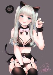 Rule 34 | 1girl, :p, absurdres, animal ears, black bra, black panties, blush, bow, bowtie, bra, cat ears, cat tail, claw pose, dated, fingernails, garter belt, geshumaro, green eyes, green hair, grey background, grey nails, hand up, heart, highres, looking at viewer, nail polish, original, panties, panties over garter belt, pink bow, pink bowtie, real life, signature, simple background, smile, solo, spoken heart, tail, tongue, tongue out, twintails, underwear, wrist cuffs