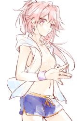Rule 34 | 1boy, alternate costume, alternate hairstyle, astolfo (fate), fate/apocrypha, fate (series), hair ornament, hair scrunchie, kan&#039;yu (citron 82), long hair, looking at viewer, male focus, navel, nipples, own hands together, pink eyes, pink hair, ponytail, ribbon, scrunchie, shorts, simple background, sketch, trap, white background, wristband