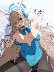 Rule 34 | 1girl, absurdres, animal ears, armpits, artist request, asuna (blue archive), asuna (bunny) (blue archive), black choker, black pantyhose, black thighhighs, blonde hair, blue archive, blue eyes, breasts, choker, collar, detached collar, fake animal ears, gloves, gotoh (gotoh 02), hair ornament, hair over one eye, hair ribbon, halo, highres, large breasts, leotard, long hair, looking at viewer, lying, mole, mole on breast, naughty face, non-web source, official alternate costume, one eye covered, pantyhose, playboy bunny, rabbit ears, ribbon, smile, solo, thighhighs, thighs, white collar, white gloves