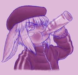 Rule 34 | 1girl, alcohol, animal ears, body fur, bottle, bune, chugging, drinking, female focus, furry, furry female, hat, highres, holding, holding bottle, horizontal pupils, made in abyss, meme, nanachi (made in abyss), parody, pink background, self-upload, short hair, simple background, solo, track suit, whiskers, white hair