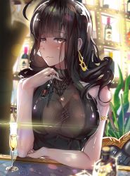 Rule 34 | 1girl, ahoge, alcohol, armlet, bad id, bad pixiv id, black dress, blunt bangs, blurry, blush, breasts, brown hair, casual, champagne flute, choker, cleavage, closed mouth, cup, depth of field, dress, drinking glass, dsr-50 (girls&#039; frontline), dsr-50 (highest bid) (girls&#039; frontline), earrings, elbow rest, girls&#039; frontline, hand up, highres, indoors, jewelry, keyring, large breasts, light particles, long hair, looking at viewer, no bra, official alternate costume, revision, sidelocks, sitting, smile, solo, sparkle, upper body, very long hair, yellow eyes, yusan
