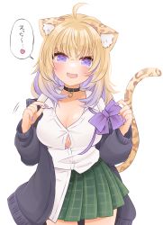 Rule 34 | 1girl, ahoge, alternate hair color, alternate skin color, animal ears, animal print, blonde hair, blush, bow, bowtie, unworn bowtie, breasts, button gap, cat ears, cat girl, cat tail, choker, cleavage, green skirt, gyaru, heart, highres, hololive, jacket, large breasts, leopard print, mimori (mim0 ri), miniskirt, multicolored hair, nail polish, nekomata okayu, open clothes, open jacket, open mouth, partially unbuttoned, plaid, plaid skirt, pleated skirt, purple eyes, purple hair, purple nails, school uniform, shirt, simple background, skirt, smile, solo, spoken heart, standing, tail, translated, two-tone hair, untied, virtual youtuber, white background, white shirt