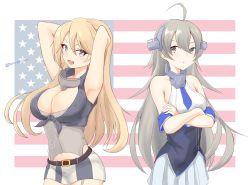 Rule 34 | 2girls, ahoge, american flag, arms up, blonde hair, blue eyes, breasts, cleavage, closed mouth, crossed arms, flag background, front-tie top, garter straps, grey eyes, grey hair, hair between eyes, headgear, highres, iowa (kancolle), kantai collection, large breasts, long hair, medium breasts, monomothina, multiple girls, one-hour drawing challenge, open mouth, pleated skirt, skirt, star-shaped pupils, star (symbol), symbol-shaped pupils, twitter username, washington (kancolle), white skirt