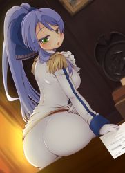 Rule 34 | 1girl, ass, back, blue hair, blush, breasts, character request, copyright request, desk, deto, from behind, gloves, green eyes, highres, large breasts, long hair, looking at viewer, looking back, military, military uniform, open mouth, pants, ponytail, sideboob, sitting, solo, uniform
