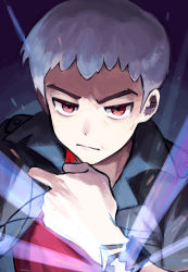 Rule 34 | 1boy, black jacket, bracelet, closed mouth, creatures (company), frown, game freak, glowing, grey hair, hand up, highres, jacket, jewelry, keytaro1125, male focus, nanu (pokemon), nintendo, open clothes, open jacket, pokemon, pokemon sm, red eyes, red shirt, shirt, short hair, solo, upper body, z-ring
