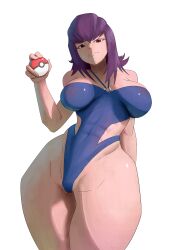 Rule 34 | 1girl, absurdres, artist request, breasts, cameltoe, covered navel, creatures (company), curvy, expressionless, game freak, highleg, highleg swimsuit, highres, holding, holding poke ball, large breasts, looking at viewer, nintendo, one-piece swimsuit, philena ivy, poke ball, poke ball (basic), pokemon, pokemon (anime), pokemon (classic anime), purple hair, shiny skin, simple background, skin tight, solo, standing, swimsuit, white background, wide hips