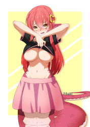 Rule 34 | 1girl, absurdres, blush, border, breasts, clothes lift, embarrassed, hair ornament, highres, lamia, large breasts, long hair, looking at viewer, miia (monster musume), monster girl, monster musume no iru nichijou, navel, open mouth, oppaihobby, pink skirt, pointy ears, red hair, shirt lift, short sleeves, skirt, solo, sweat, undressing, white border, yellow background, yellow eyes