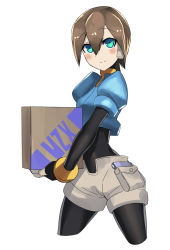 Rule 34 | 1girl, aile (mega man zx), bodystocking, bodysuit, breasts, brown hair, closed mouth, gloves, green eyes, hair between eyes, layered sleeves, long sleeves, looking at viewer, mega man (series), mega man zx, pantyhose, pantyhose under shorts, protected link, robot ears, short hair, short over long sleeves, short sleeves, shorts, simple background, smile, solo, spandex, ukimukai, white background