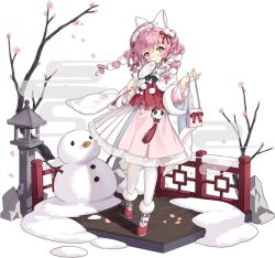Rule 34 | 1girl, ahoge, alternate hairstyle, azur lane, bag, blush, bow, braid, branch, chinese clothes, dress, flower, fur-trimmed footwear, fur trim, hand fan, highres, holding, holding bag, holding fan, long hair, looking at viewer, official alternate costume, official art, pink dress, pink hair, purple eyes, red footwear, saratoga (azur lane), saratoga (spring&#039;s opening act!) (azur lane), saru, smile, snowman, solo, standing, transparent background, tree, twintails, white legwear
