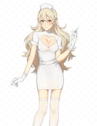 Rule 34 | 1girl, bad id, bad twitter id, blonde hair, blush, breasts, cleavage, cleavage cutout, clothing cutout, corrin (female) (fire emblem), corrin (fire emblem), dress, fire emblem, fire emblem fates, gloves, hair between eyes, hair ornament, hairband, hat, latex, latex gloves, long hair, looking at viewer, medium breasts, nintendo, nurse, nurse cap, pointy ears, red eyes, simple background, slit pupils, solo, standing, stethoscope, syringe, white background