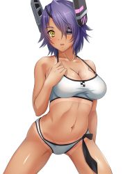 Rule 34 | 10s, 1girl, bare shoulders, bikini, blush, breasts, cleavage, collarbone, cowboy shot, eyepatch, female focus, hand on own chest, headgear, highres, kantai collection, large breasts, looking at viewer, navel, purple hair, sakiyamama, short hair, simple background, solo, swimsuit, tan, tanline, tenryuu (kancolle), white background, white bikini, yellow eyes