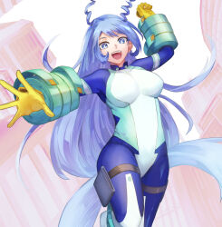 Rule 34 | 1girl, :d, absurdres, blue bodysuit, blue eyes, blue hair, bodysuit, boku no hero academia, breasts, bright pupils, drill hair, gloves, green bodysuit, hadou nejire, hair horns, hand up, highres, large breasts, light blue hair, long hair, looking at viewer, multicolored bodysuit, multicolored clothes, open mouth, outstretched arm, skin tight, smile, solo, superhero costume, twin drills, user esac8574, very long hair, white pupils, yellow gloves