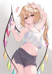 Rule 34 | 1girl, absurdres, blonde hair, blush, breasts, camisole, cleavage, collarbone, cowboy shot, crystal, dolphin shorts, fingernails, flandre scarlet, gradient background, grey shorts, hair between eyes, haruki (colorful macaron), highres, long hair, looking at viewer, navel, one side up, parted lips, red eyes, shorts, small breasts, solo, touhou, white camisole, wings