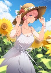 1girl armpit_crease bare_shoulders blue_eyes blue_sky blush bow bracelet breasts cleavage collarbone commentary_request cowboy_shot dress field flower flower_field go-toubun_no_hanayome grin hat hat_bow highres holding holding_unworn_clothes holding_hat holding_unworn_clothes jewelry looking_at_viewer medium_breasts nakano_ichika pink_hair profnote short_hair sideways_glance sky smile solo sundress sunflower sunflower_field white_dress