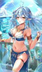 Rule 34 | 1girl, against railing, ahoge, armlet, bikini, bikini top only, blue bikini, blue hair, blue skirt, blush, bracelet, breasts, cleavage, colored tips, commentary, crossed bangs, double-parted bangs, earrings, frilled bikini, frills, front-tie bikini top, front-tie top, hai 0013, hair between eyes, harem outfit, head chain, heart, heart ahoge, highres, hololive, jewelry, knee up, large breasts, long hair, long skirt, looking at viewer, multicolored hair, necklace, ocean, open mouth, outdoors, panties, panty straps, pointy ears, railing, side slit, skirt, solo, streaked hair, surprised, swimsuit, thighlet, underwear, veil, very long hair, virtual youtuber, white panties, yellow eyes, yukihana lamy