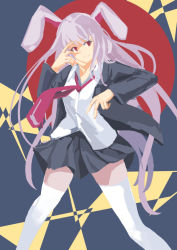 Rule 34 | 1girl, animal ears, blazer, blue skirt, collared shirt, dong pian, hand over eye, jacket, long hair, looking to the side, necktie, open clothes, open jacket, purple hair, rabbit ears, red necktie, reisen udongein inaba, shirt, skirt, smile, solo, thighhighs, thighs, touhou, very long hair, white thighhighs