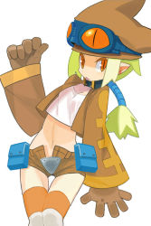 Rule 34 | 1girl, :p, brown gloves, brown shorts, cowboy shot, disgaea, gloves, goggles, goggles on head, green hair, hat, jacket, long hair, midriff, navel, orange eyes, pointy ears, ponytail, shirt, shorts, slit pupils, solo, striped clothes, striped thighhighs, thief (disgaea), thighhighs, tongue, tongue out, white background, white shirt, yuuki (irodo rhythm)