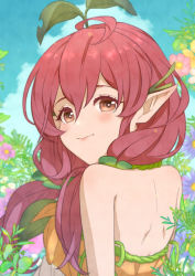 Rule 34 | 1girl, ahoge, bare shoulders, blush, closed mouth, dress, flower, granblue fantasy, long hair, looking at viewer, looking back, low twintails, mifuta, orange eyes, pointy ears, red hair, smile, solo, sprout on head, strapless, strapless dress, twintails, upper body, yggdrasil (granblue fantasy)