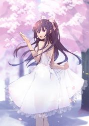 Rule 34 | 1girl, :d, backless dress, backless outfit, bad id, bad pixiv id, bare arms, bare shoulders, black hair, blush, bow, cherry blossoms, commentary request, date a live, dress, flower, frilled dress, frills, hair between eyes, hair bow, hand up, highres, long hair, looking away, looking to the side, mo (pixiv9929995), open mouth, petals, pink bow, pink flower, pleated dress, ponytail, purple eyes, see-through, see-through silhouette, skirt hold, smile, solo, strapless, strapless dress, tree, very long hair, white dress, yatogami tooka