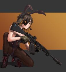 Rule 34 | 1girl, absurdres, alternate costume, animal ears, assault rifle, bearcslee, black background, black footwear, black pantyhose, blonde hair, boots, breasts, brown eyes, brown gloves, brown hair, cleavage, cross-laced footwear, ear protection, eyepatch, fake animal ears, full body, girls&#039; frontline, gloves, gun, high heel boots, high heels, highres, holding, holding gun, holding weapon, leotard, looking at viewer, m16, m16a1 (girls&#039; frontline), mole, mole under eye, multicolored hair, on one knee, orange background, pantyhose, playboy bunny, rabbit ears, rifle, solo, streaked hair, suppressor, trigger discipline, two-tone background, weapon