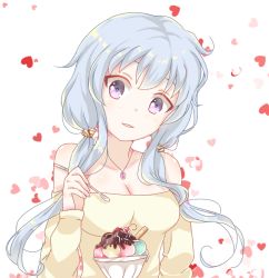 Rule 34 | 1girl, bare shoulders, beyblade, beyblade: burst, blue sky, breasts, food, ice cream, jewelry, kymhotii, long hair, looking at viewer, medium breasts, necklace, open clothes, open shirt, purple eyes, self-upload, shirt, short twintails, silver hair, simple background, sky, smile, solo, twintails, upper body, white background