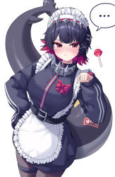 ... 1girl alternate_costume apron belt black_belt black_hair blush candy closed_mouth colored_inner_hair dated_commentary ellen_joe fins fish_tail food hair_ornament heart highres jersey_maid lollipop long_sleeves maid maid_apron maid_headdress metaljelly mole mole_under_eye multicolored_hair pantyhose red_eyes red_hair shark_girl shark_tail short_hair simple_background solo spoken_ellipsis spoken_heart tail two-tone_hair unconventional_maid white_background x_hair_ornament zenless_zone_zero