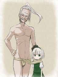 Rule 34 | 1boy, 1girl, blue eyes, child, facial hair, family, father and daughter, fundoshi, hairband, japanese clothes, konpaku youki, konpaku youmu, loincloth, mustache, old, old man, parody, ponytail, ribs, scarf, shared clothes, shared scarf, sketch, skinny, smile, touhou, white hair, yokohachi, aged down