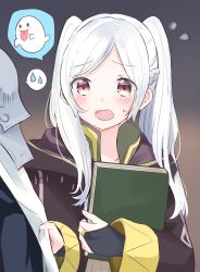 Rule 34 | 1boy, 1girl, armor, blush, book, braid, bridal gauntlets, brown background, cape, chrom (fire emblem), clothes grab, collarbone, commentary request, eyelashes, fire emblem, fire emblem awakening, ghost, gradient background, grey background, highres, holding, holding book, long hair, long sleeves, nintendo, open mouth, out of frame, parted bangs, puni y y, purple robe, robe, robin (female) (fire emblem), robin (fire emblem), scared, shoulder armor, sidelocks, speech bubble, twintails, upper body, white hair, worried