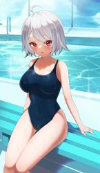 Rule 34 | 1girl, 2022, ahoge, bench, blue one-piece swimsuit, breasts, cameltoe, cleavage, collarbone, highres, large breasts, looking at viewer, one-piece swimsuit, open mouth, original, outdoors, pool, school swimsuit, sitting, solo, swimsuit, wet, wet clothes, wet swimsuit, white hair, yazuki (n y 0714)