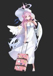 Rule 34 | 1girl, absurdres, blue archive, blush, breasts, cleavage, dress, feathered wings, full body, gradient hair, grey hair, hair bun, halo, hat, highres, holding, long dress, long hair, looking at viewer, medium breasts, mika (blue archive), multicolored hair, off shoulder, ood2, orange eyes, pink hair, purple hair, sandals, simple background, single side bun, solo, standing, suitcase, sun hat, sundress, very long hair, white dress, white footwear, white hair, white hat, wing ornament, wings