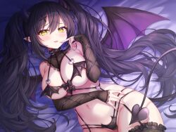 Rule 34 | 1girl, \||/, armpit crease, asmr, bare shoulders, bed sheet, black bow, black hair, black panties, black thighhighs, blush, bow, breasts, cleavage, commentary request, cowboy shot, curvy, demon girl, demon horns, demon tail, demon wings, detached sleeves, dutch angle, eyelashes, finger to mouth, fingernails, frilled thighhighs, frills, furrowed brow, groin, hair between eyes, hair ornament, hair spread out, hand up, heart o-ring, horns, index finger raised, large breasts, long hair, looking at viewer, lying, micro panties, navel, official art, on back, open mouth, original, otosume ruiko, panties, pointy ears, seductive smile, sidelighting, skindentation, sleeves past wrists, smile, solo, tail, thighhighs, tsurime, twintails, underwear, very long hair, wings, x hair ornament, yellow eyes